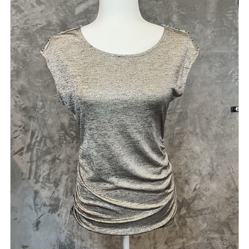 Calvin Klein Sleeveless Top Gold Shimmer Ruched Button Accent Size Small - Picture 2 of 10